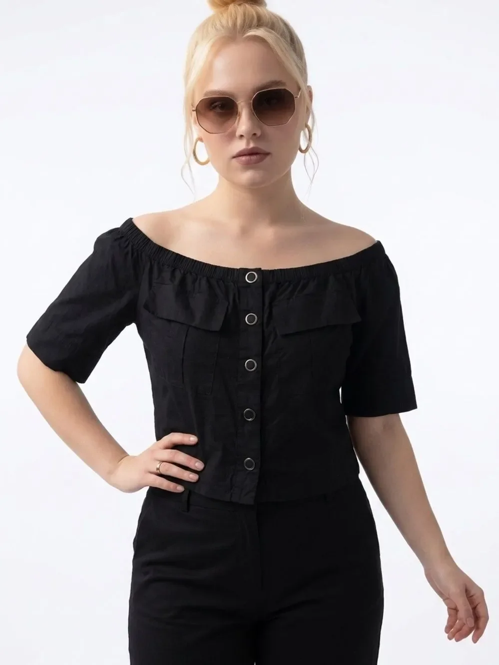 FREE PEOPLE |  Black Off the Sholder Snap Front Top Women’s Size Medium